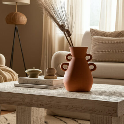 Boho Pottery Terracotta Vase with Sculptural Handles and Artisan-Inspired Craftsmanship for Decorative Accent Display in Global Eclectic Modern Rustic Farmhouse Mediterranean Interiors Decor - Chic Decora