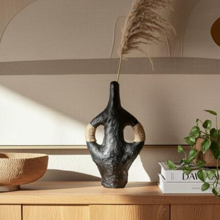 Boho Vase Pottery Terracotta with Woven Synthetic Wicker Accents 14″ Black Decorative Accent for Home Office Bedroom Living Room - Chic Decora