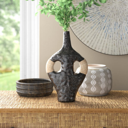 Boho Vase Pottery Terracotta with Woven Synthetic Wicker Accents 14″ Black Decorative Accent for Home Office Bedroom Living Room - Chic Decora