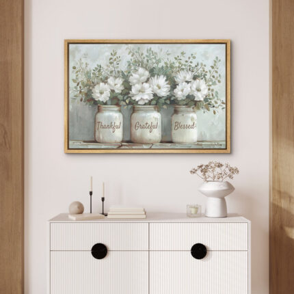 Bottled Plant Thankful Grateful Blessed Inspirational Green Floral Rustic Mason Jar Large Canvas Print Wall Art - Chic Decora