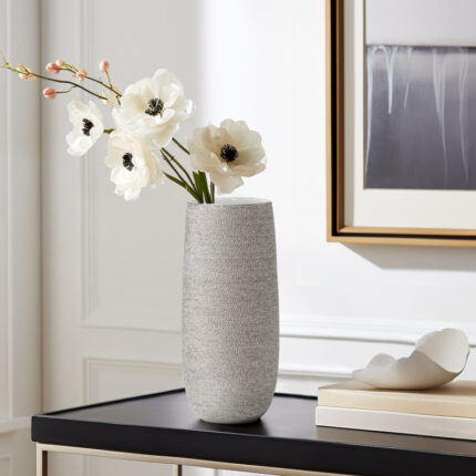 Brava 11″ Metallic Silver Textured Ceramic Table Vase - Chic Decora