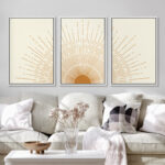 Bright Mid-Century Modern Orange Minimal Sun ShineArt Boho Decor Framed Canvas 3 Pieces Print Set