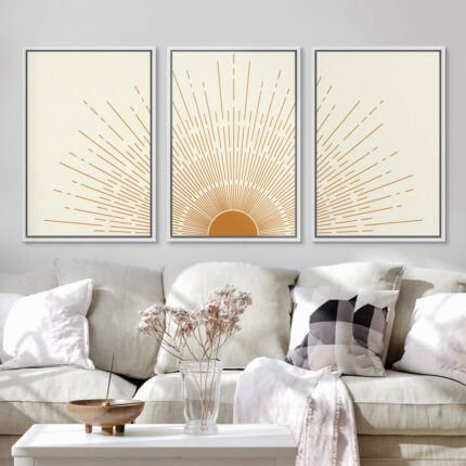 Bright Mid-Century Modern Orange Minimal Sun ShineArt Boho Decor Framed Canvas 3 Pieces Print Set - Chic Decora