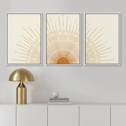 Bright Mid-Century Modern Orange Minimal Sun ShineArt Boho Decor Framed Canvas 3 Pieces Print Set - Chic Decora