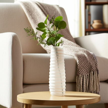 Carved Glass Home Decor Vase – Tall Modern Flower Vase With Ribbed Silhouette – Statement Vases For Floral Arrangements Accent – Ivory - Chic Decora