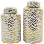Ceramic Decorative Jars with White Floral Patterns Set
