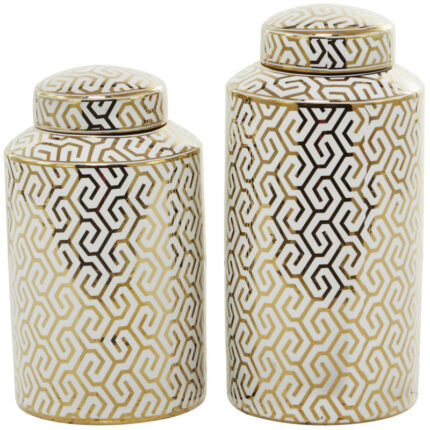 Ceramic Decorative Jars with White Floral Patterns Set - Chic Decora