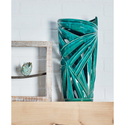 Ceramic Leaf Green Decorative Vase with Cut Out Deigns - Chic Decora