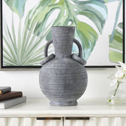 Ceramic Textured Decorative Vase with Ring Handles - Chic Decora