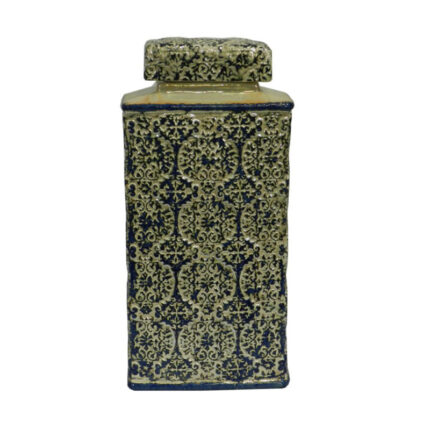 Ceramic Vase Jar with Lid, Textured Floral Carvings, Gold Green