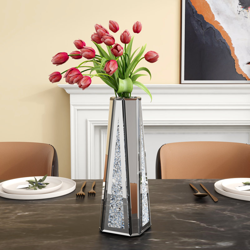 Cerrie 13″ Glass Table Vase with Crushed Diamond Inlay - Chic Decora
