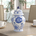 Chinoiserie Ceramic Ginger Jar - 10" Blue and White Decorative Stoneware Canister with Lid - Traditional Floral Design for Home, Office, or Living Room Decor