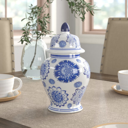 Chinoiserie Ceramic Ginger Jar – 10″ Blue and White Decorative Stoneware Canister with Lid – Traditional Floral Design for Home, Office, or Living Room Decor - Chic Decora