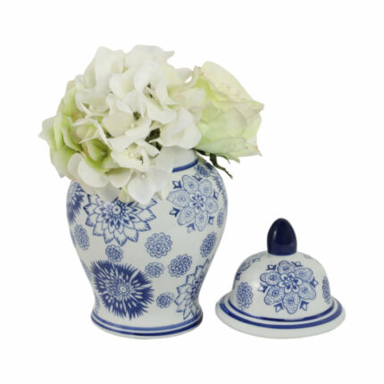 Chinoiserie Ceramic Ginger Jar – 10″ Blue and White Decorative Stoneware Canister with Lid – Traditional Floral Design for Home, Office, or Living Room Decor - Chic Decora