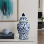 Chinoiserie Stoneware Ceramic Ginger Jar with Lid - Traditional Decorative Accent for Timeless Appeal