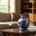 Chinoiserie Vase Stoneware Ceramic Floral Detailing 9" Blue and White for Home Office Bedroom Living Room Decor