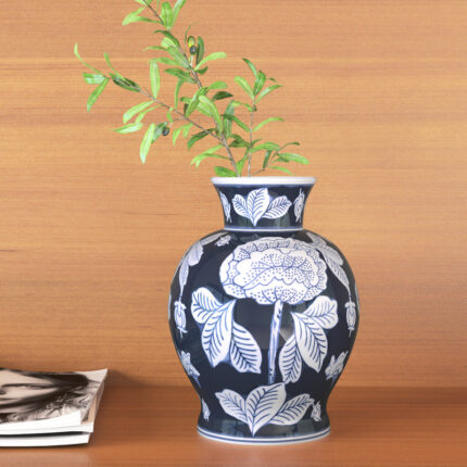 Chinoiserie Vase Stoneware Ceramic Floral Detailing 9″ Blue and White for Home Office Bedroom Living Room Decor - Chic Decora