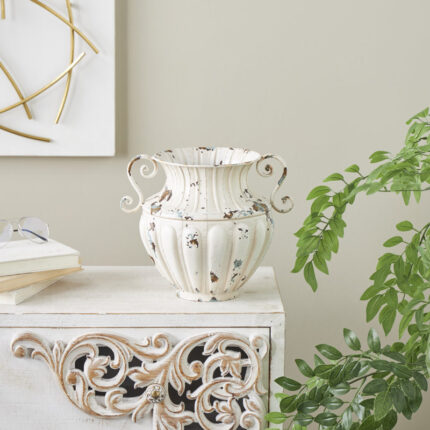 Cipolla Metal Vintage Amphora Scroll Decorative Cream Vase with Brown, Teal and Scroll Handles - Chic Decora