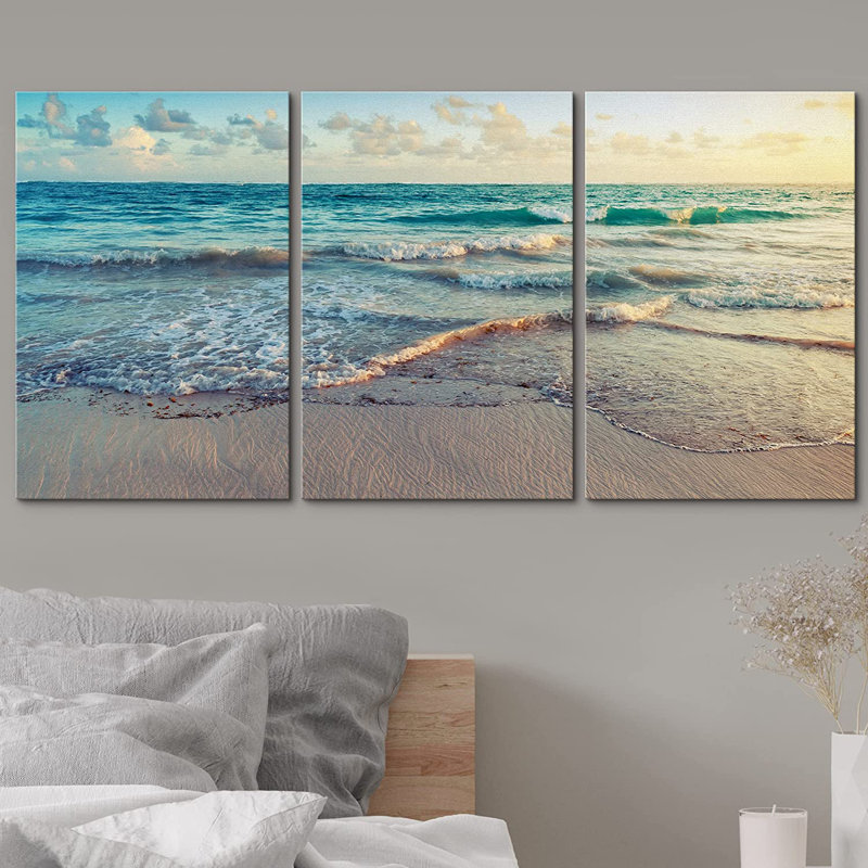 Coastal Beach Sunrise On Ocean Waves Crashing Bright Photo Framed Canvas 3 Pieces Print Wall Art - Chic Decora