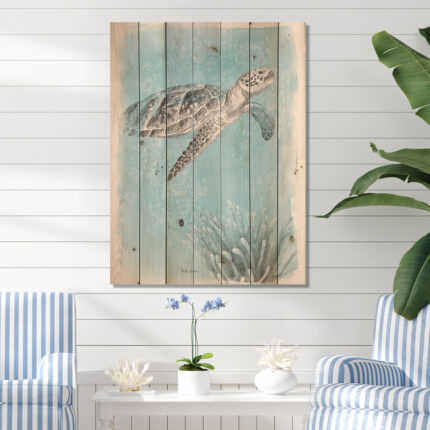 Coastal Sea Life I Turtle Sketches Print on Natural Wood - Chic Decora