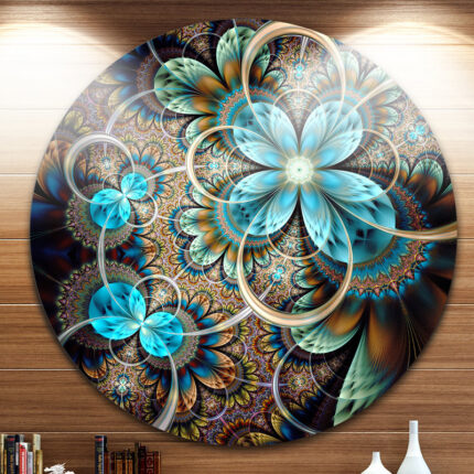 Colorful Fractal Flowers with Blue Shade Round Art Print on Metal - Chic Decora
