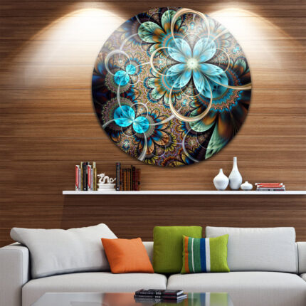 Colorful Fractal Flowers with Blue Shade Round Art Print on Metal - Chic Decora