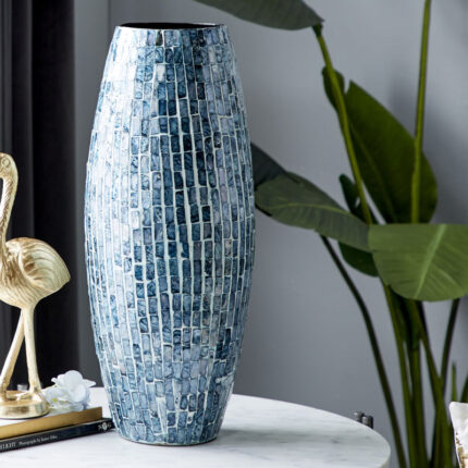 Corneisha Blue Mother of Pearl Shell Handmade Mosaic Inspired Decorative Blue Vase - Chic Decora