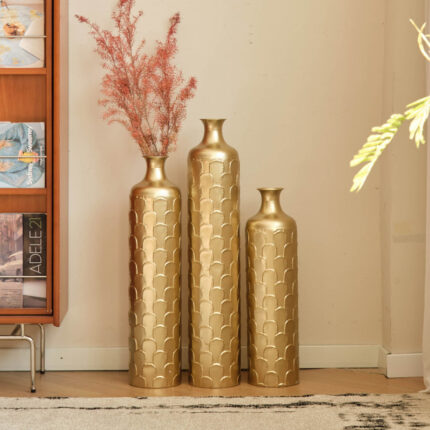 Cory-Lee Handcrafted Metal Floor Vase with Golden Scales, Large Flower Vase(Set Of 3) - Chic Decora