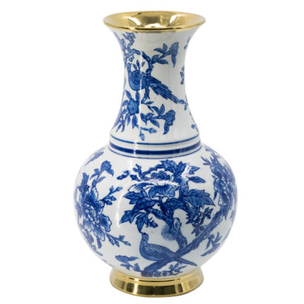 D9.5×16″ Blue and White Chinoiserie Flower vase with Gold Accents - Chic Decora