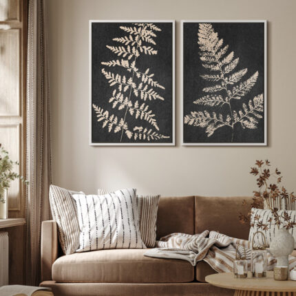 Dark Gray Tan Plant Leaf Fern Neutral Minimalist Decor Modern Framed Canvas 2 Pieces Print Wall Art - Chic Decora