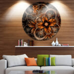 Dark Orange Digital Art Fractal Flower Round metal wall decor