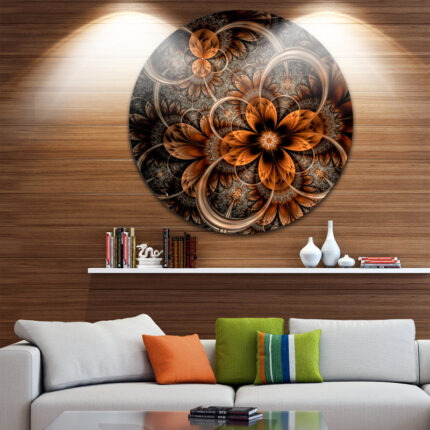 Dark Orange Digital Art Fractal Flower Round metal wall decor - Chic Decora