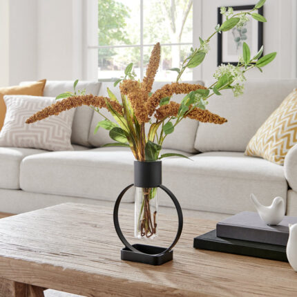 Deckard Modern Black Metal Open Circle Pedestal Clear Glass Tabletop Vase - Chic Decora