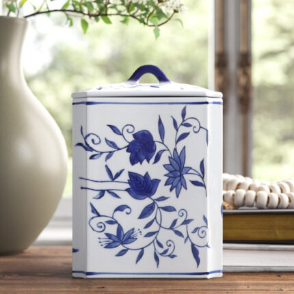 Decorative Jar Stoneware Ceramic Floral Chinoiserie Pattern 8″ Tall Blue and White Finish Home Office Decor - Chic Decora