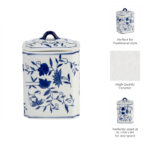 Decorative Jar Stoneware Ceramic Floral Chinoiserie Pattern 8" Tall Blue and White Finish Home Office Decor - Image 3