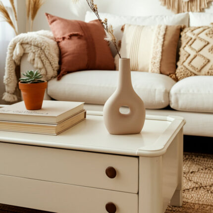 Decorative Stoneware Ceramic Vase with Sculptural Donut Shape and Boho Modern Design for Artistic Accent Styling and Contemporary Shelf or Tabletop Display - Chic Decora