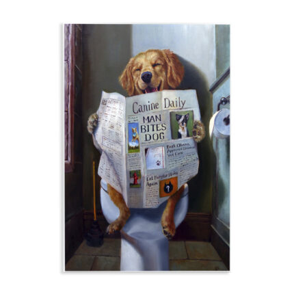 Dog Reading the Newspaper On Toilet Funny – Floater Frame Graphic Art Print on Canvas - Chic Decora