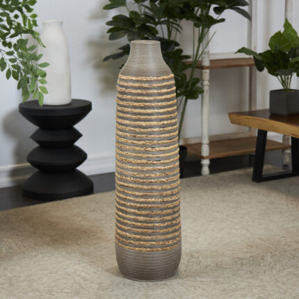 Dutton Brown Seagrass Handmade Braided Decorative Vase with Layered Gray Paneling - Chic Decora