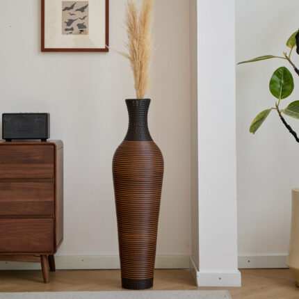 Eibhinn 39″ Tall Floor Vase, Two-tone Hand Woven Rattan Finish, Large Flower Decorative Vase - Chic Decora