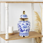 Elrene Ceramic Floral Blue Decorative Jars with Cream and Gold Accents