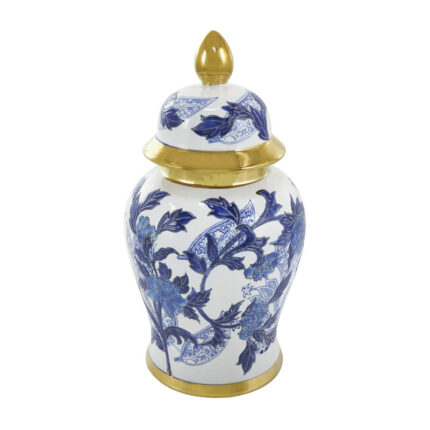Elrene Ceramic Floral Blue Decorative Jars with Cream and Gold Accents - Chic Decora