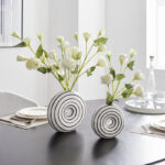 Etta Two Piece Glossy Ceramic White Striped Round Hollow Circle Donut Vase Set - Image 6