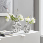 Etta Two Piece Glossy Ceramic White Striped Round Hollow Circle Donut Vase Set - Image 7