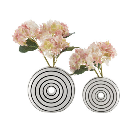Etta Two Piece Glossy Ceramic White Striped Round Hollow Circle Donut Vase Set - Chic Decora