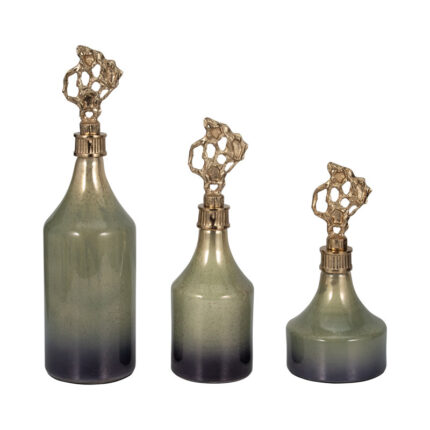 Everly Quinn 3-Piece 12/14/18″ Anders Green Glass Bottles, Glass, Gold, Novelty, Ombre - Chic Decora