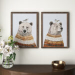 Fair Isle Bear I" 2-Piece Painting Print Set of Bears Wearing Cozy Wraps