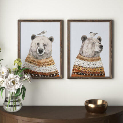 Fair Isle Bear I” 2-Piece Painting Print Set of Bears Wearing Cozy Wraps - Chic Decora