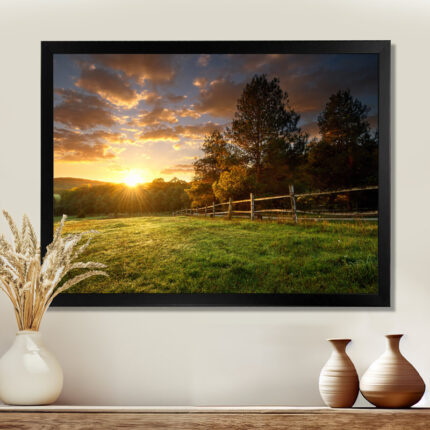 Fenced Ranch at Sunrise’ Photographic Print - Chic Decora