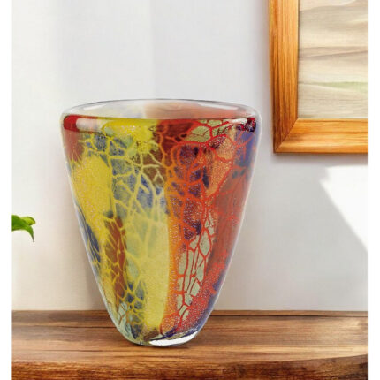 Fienley 8″ Orange Red and Yellow Murano Glass Abstract Oval Table Vase - Chic Decora