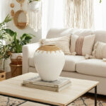 Frankee Vase Pottery Terracotta Woven Rattan Neck 10 Inch Boho Style White Finish Home Office Bedroom Living Room Decor